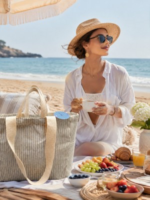 Faralya Life Çıtçıtlı Çift Saplı Kısa ve Uzun Sap Yeşil Çizgili %70 Pamuk %30 Polyester Çift Cepli 50*42 Ölçüde Omuz Çantası Çok Amaçlı Kadın Çanta Plaj Çantası