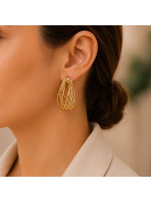 Sevil Gülgün Atelier 14K Xuping Light Gold Statement Halka Küpe – Örgü Tel Detaylı Şık Kadın Küpe