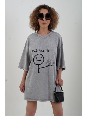 Zelish My Sister Gri Pls Use It Baskılı Soluk Efektli Oversize Tshirt