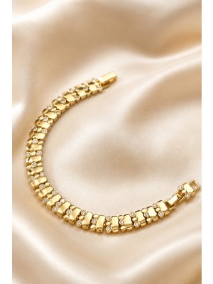 Balenbi Jewelry Kadın Taşlı Geometrik Plaka Detaylı Kararmaz Çelik Bileklik Gold Renk 1129