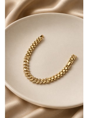 Balenbi Jewelry Kadın Taşlı Çapraz Geometrik Zincir Kararmaz Çelik Bileklik Gold Renk 1130