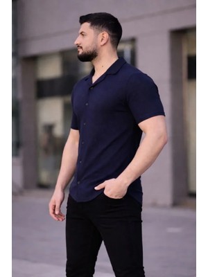 Demir Grup cc Erkek Waffle Kumaş Kısa Kollu Düğmeli Açık Yaka Regular Fit Gömlek - Lacivert