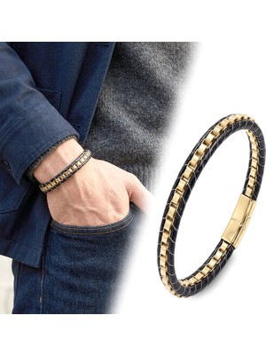 Moncuk Design Sarı Çelik Zincir Örgülü ve Deri Erkek Bileklik 33514B24D4