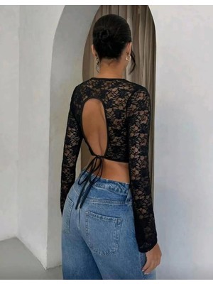 MTM My The Mall Giyim Uzun Kollu Dantel Crop Kadın Arkası Dekolteli Bağcıklı Esnek Şık Üst