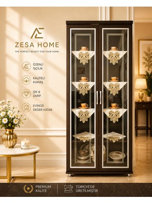 Zesa Home 6 Parça Gardenya Fransız Güpür Detaylı Salon Vitrin, Gümüşlük Peçetesi