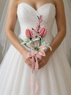 Crystal Coza El Yapımı Şönil Gelin Buketi | Solmayan Düğün Buketi | Beyaz-Pembe Bridal Bouquet | Nişan, Nikah ve Düğün Çiçeği