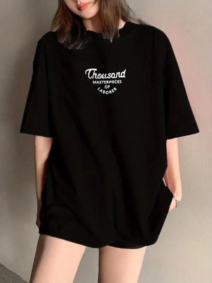 Etiler Collection Thousand Baskılı Oversize Bisiklet Yaka T-Shirt - Siyah