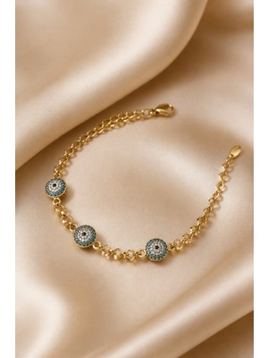 Balenbi Jewelry Kadın Üçlü Nazar Boncuklu Taşlı Kararmaz Çelik Bileklik 14K Gold Renk 1135
