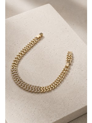 Balenbi Jewelry Kadın Taşlı Çift Sıralı Gurmet Zincir Kararmaz Çelik Bileklik 14K Gold Renk 1134
