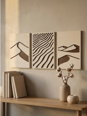 Kaveld Desert Trilogy 3'lü Duvar Sanatı Seti - Modern Soyut Kum Tepesi ve Rüzgar Dalgaları Motifli Kazıma Tablo, Organik Minimalist Oyma Tablo Seti