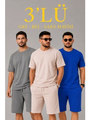 Marsilyan- Erkek 2’li Oversize Tişört Şort Takım Seti Yazlık Iki Iplik Kumaş - Gri, Saks Mavisi, Bej