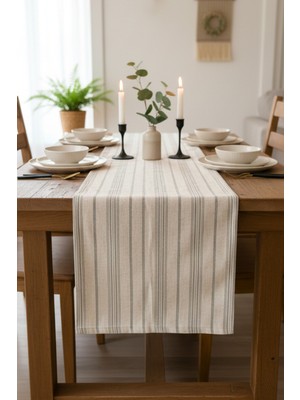 Empressco Şık Antrasit Çizgili Pamuk Keten Runner 40X150 cm