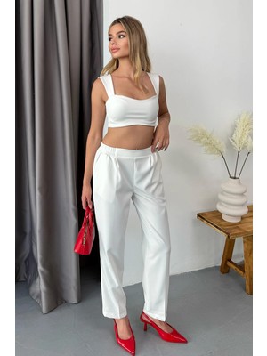 Giysa Kadın Beli Lastikli Çift Cepli Havuç Kesim Pantolon Beyaz - 3229