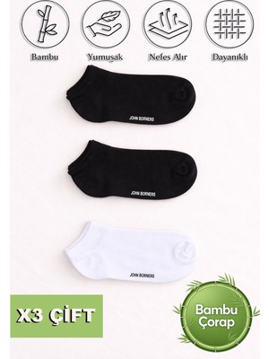 Jb Erkek 3`lü Bambu Sneakers Çorap Siyah Beyaz - 202
