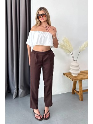 Giysa Kadın Beli Lastikli Çift Cepli Havuç Kesim Pantolon Kahverengi - 3229