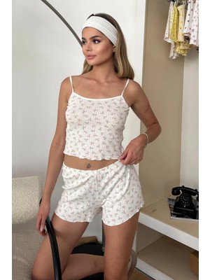 Giysa Kadın Askılı Fiyonk Desenli Şortlu Pijama Takımı Beyaz - 26Y 3200