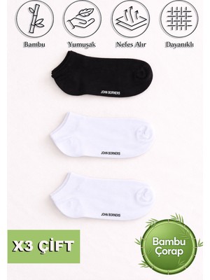 Erkek 3`lü Bambu Sneakers Çorap Beyaz - Siyah - 202