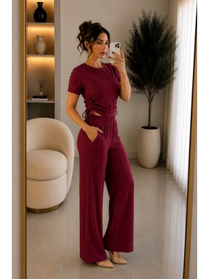Moda Leyra Lina Fitilli Yan Büzgü Detaylı Likralı Crop Bluz Bol Paça Pantolon Ikili Takım Nefes Alabilen Terletmez Yeni Nesil Kumaş