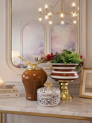 Empressco Şah Ceramic Kahverengi Zebra Ayaklı Saksı ve Gold Kutu, Feray Home