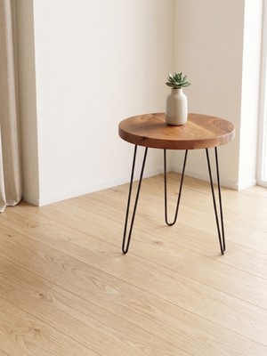 Pera Home Masif Ceviz Oval Yan Sehpa - Firkete Metal Ayaklı Ahşap Tekli Zigon Sehpa – Small 20–25CM