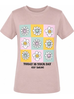 Trender Papatya Baskılı Bej Kız Çocuk T-Shirt 8042