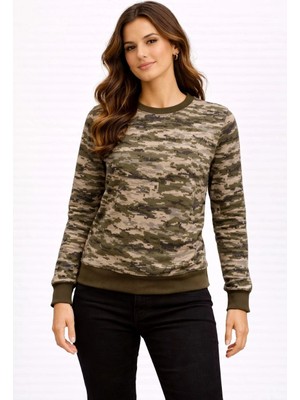 MiraLive Kadın Kamuflaj Desenli 2 Iplik 4 Mevsim Uzun Kollu Bisiklet Yaka Sweatshirt - Kamuflaj
