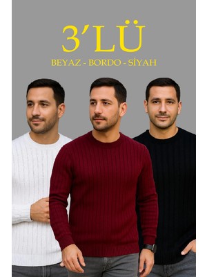 MiraLive Fitilli Triko Kazak 3’lü Set – Beyaz, Bordo, Siyah | Kalın Dokuma Pamuklu Regular Fit Bisiklet