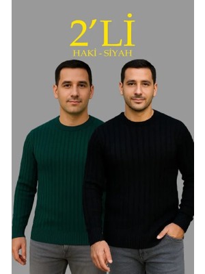 Lune Store Erkek Fitilli Triko Kazak 2’li Set Siyah Haki Kalın Dokuma Pamuklu Regular Fit Bisiklet