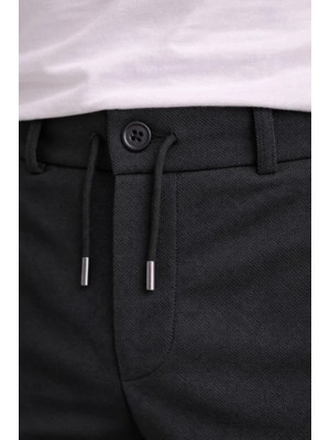 Lune Store Erkek Diagonel Mikro Dokulu Duble Paça Cepli Pantolon Bağcıklı Bel, Modern Kesim - Siyah