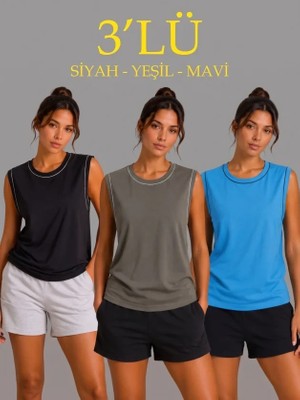 Lune Store 3’lü Kolsuz Sporcu Atlet Seti Yazlık Bisiklet Yaka - Siyah, Haki, Mavi