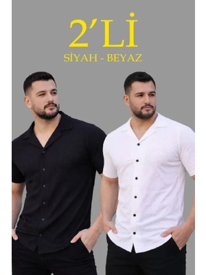 Lune Store Erkek Waffle Dokuma Açık Yakalı Düğmeli Regular Kalıp 2’li Gömlek Seti - Siyah - Beyaz