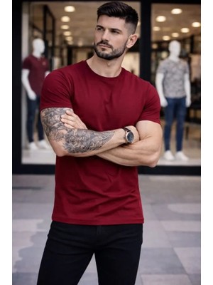Lune Store Erkek T-Shirt Bisiklet Yaka Slim Fit Dar Kesim Likralı Tişört Günlük Basic Body - Bordo