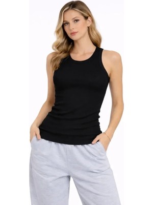 Lune Store Fitilli Atlet Sıfır Yaka Slim Fit Arka Baskılı Spor Atlet - Siyah