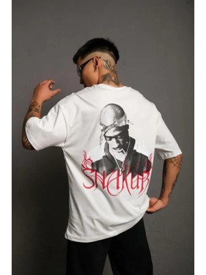 Lune Store Erkek Oversize Tişört – Beyaz 24/1 Penye Kumaş, Bisiklet Yaka, Ön - Arka Baskılı, Streetwear Tarzı Rahat Büyük Kalıp T-Shirt- Beyaz