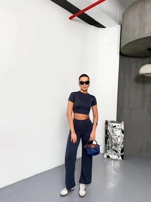Lune Store Osy Modal Yumuşak Dokulu Kumaş Kısa Kollu Crop Alt Ispanyol Paça Pantalon Ikili Takım - Füme