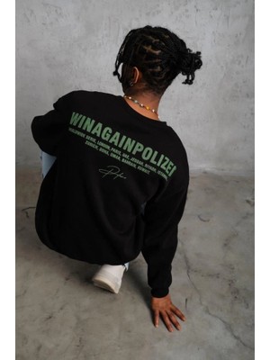 Lune Store Erkek Oversize Sweatshirt – Siyah Renk  Ön ve Sırt Baskılı, Üç Iplik Içi Pamuklu Kumaş, Rahat Kalıp, Ribanalı Kışlık Sweat  Winagain Polizei Serisi - Siyah