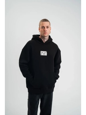 Lune Store Unisex Kapşonlu Uzun Kol Patchli Nakışlı Sweatshirt - Siyah