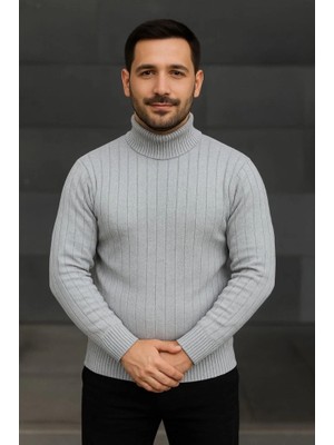 Lune Store Erkek Balıkcı Yaka Bağazlı Triko Kazak Pamuklu Kalın Fitilli Dokuma, Regular Fit Uzun Kollu Kışlık Model - Gri