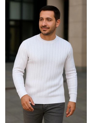 Lune Store Erkek Bisiklet Yuvarlak Yaka Triko Kazak Pamuklu Kalın Fitilli Dokuma, Regular Fit Uzun Kollu Kışlık Model - Beyaz