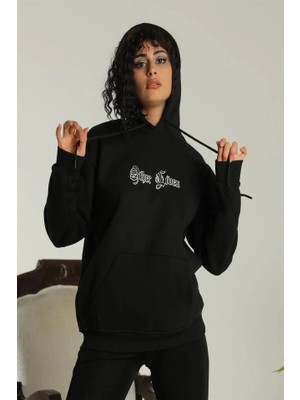 Lune Store Oversize Üç Iplik Kapüşonlu Sweatshirt – Siyah “other Lives” Ön ve Arka Baskılı, Şardonlu Kışlık, Rahat Günlük Model Siiyah