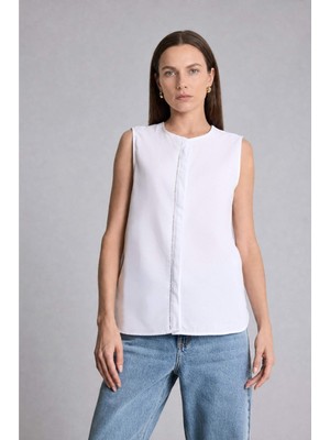 DeFacto %100 Pamuk Regular Fit Bisiklet Yaka Flamlı Kolsuz Beyaz Bluz E8482AX26HS