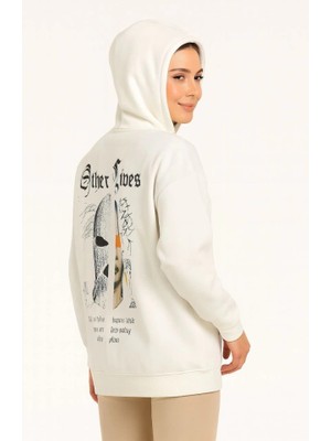 Lune Store Kapşonlu Sweatshirt – Oversize Üç Iplik Şardonlu Hoodie, “other Lives” Ön - Arka Baskılı, Kanguru Cepli, Kışlık Rahat Günlük Stil - Beyaz