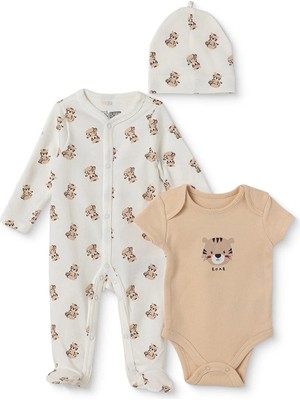 Hellobaby Erkek Bebek Tulum-Body-Şapka Hayvan Baskılı Çıtçıtlı Bisiklet Yaka Uzun Kol Patikli