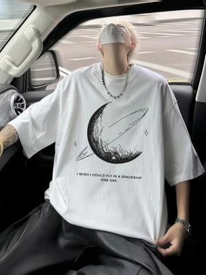 Lune Store Baskılı Oversize Bisiklet Yaka T-Shirt - Beyaz