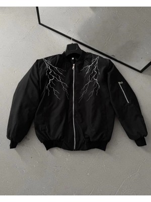Lune Store Yıldırım Baskılı Uzun Kol Bomber Ceket - Siyah