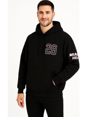Lune Store Üç Iplik Kapüşonlu Ön ve Arka Baskılı Sweatshirt Hoodie - Siyah