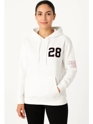 Lune Store Üç Iplik Kapüşonlu Ön ve Arka Baskılı Sweatshirt Hoodie - Beyaz