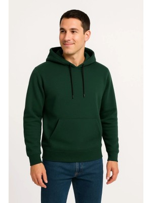 Lune Store Erkek Üç Iplik Kapüşonlu Kanguru Cepli Sweatshirt Hoodie - Haki