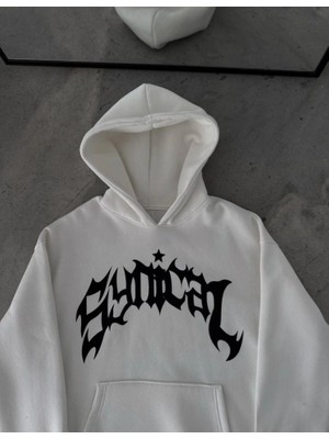 Lune Store Kışlık Kapşonlu Baskılı Oversize Sweatshirt- Beyaz