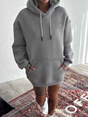 Lune Store Kapşonlu Üç Iplik Penye Basic Sweatshirt - Boyalı Gri